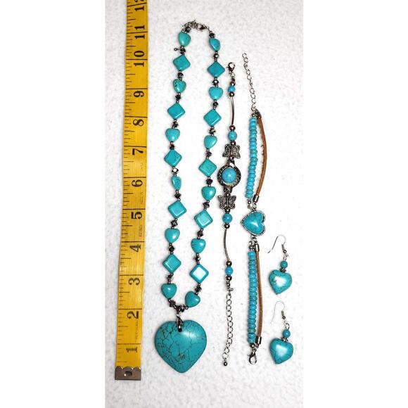Faux Turquoise Necklace Bracelet Earrings 4 Pc Lot Hearts Butterfly Boho Western - Picture 2 of 5
